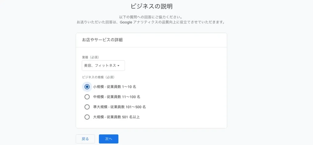 Googleアナリティクスの設定「ビジネスの説明」